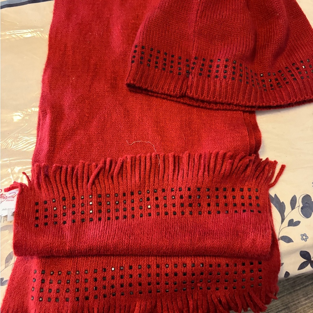 Calvin Klein Collection Red Hat and Scarf Set